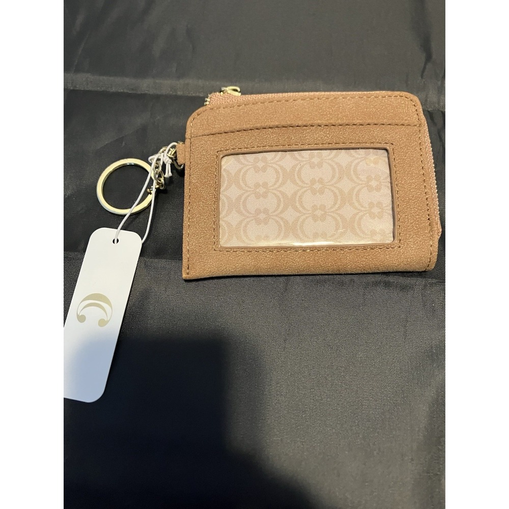 Charming Charlie Tan Faux Leather Wristlet Wallet Zippered Attached Key Ring New